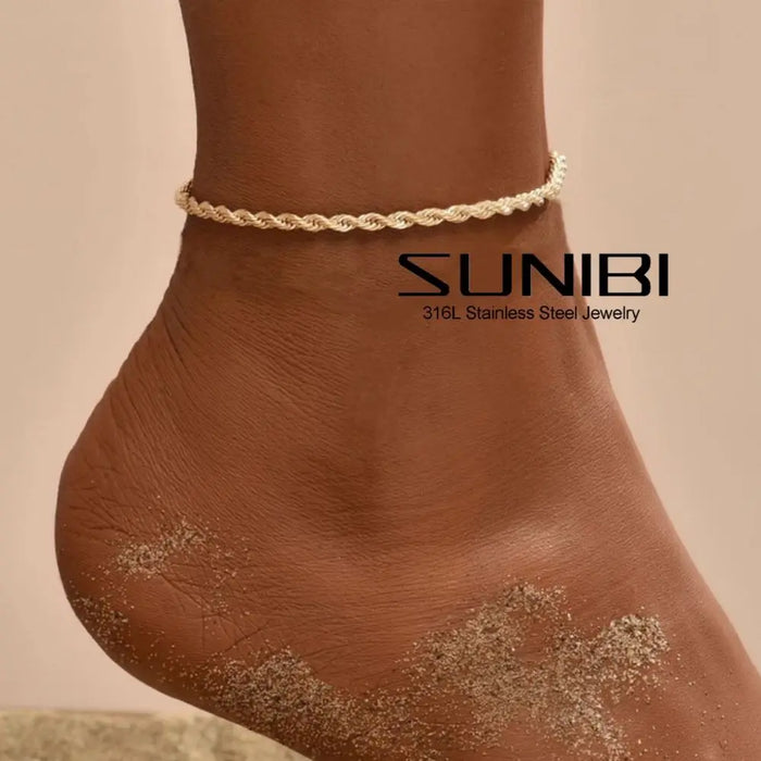 SUNIBI 316L Stainless Steel Link Anklet for Women Gold Color 4MM Classic Chain Foot Anklet