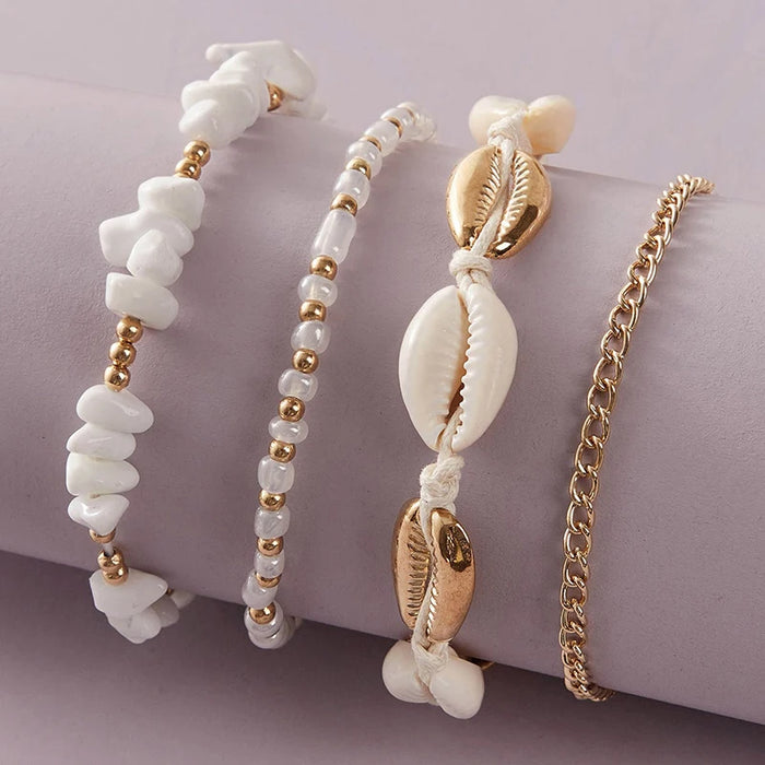 docona Boho Handmade Shell Seed Beads Anklet Set for Women Multilayer Broken Stones Summer Ocean Beach Foot Chains Jewelry