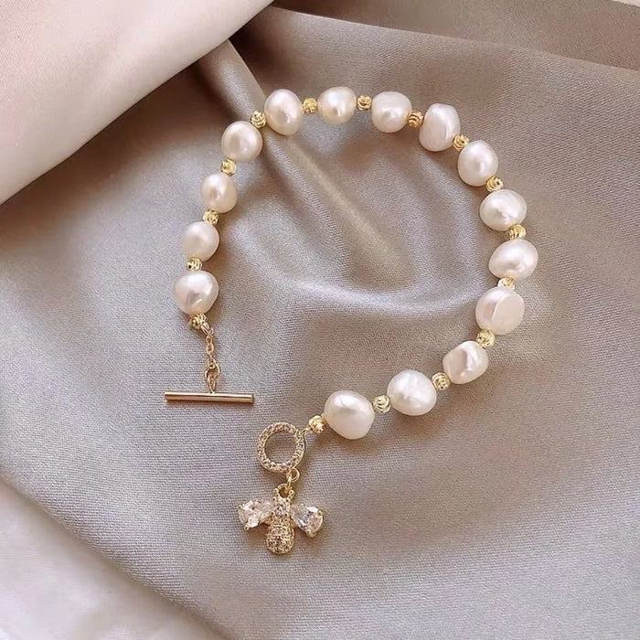 Elegant Baroque Pearl String Bracelet For Woman Luxury Zircon Bee Pendant Bracelet Fashion Girl's Sweet Jewelry