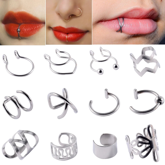 1PC Surgical Steel Clip On Earrings Ear Helix Cartilage Conch Cuff  Adjustable Size Nose Hoop Non Pierce Lip Ring Fake Jewelry