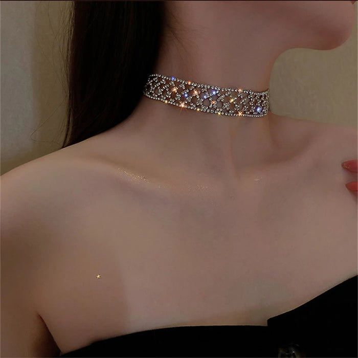 FYUAN Geometric Hollow Mesh Crystal Choker Necklaces for Women Short Chain Rhinestone Necklaces Statement Jewelry