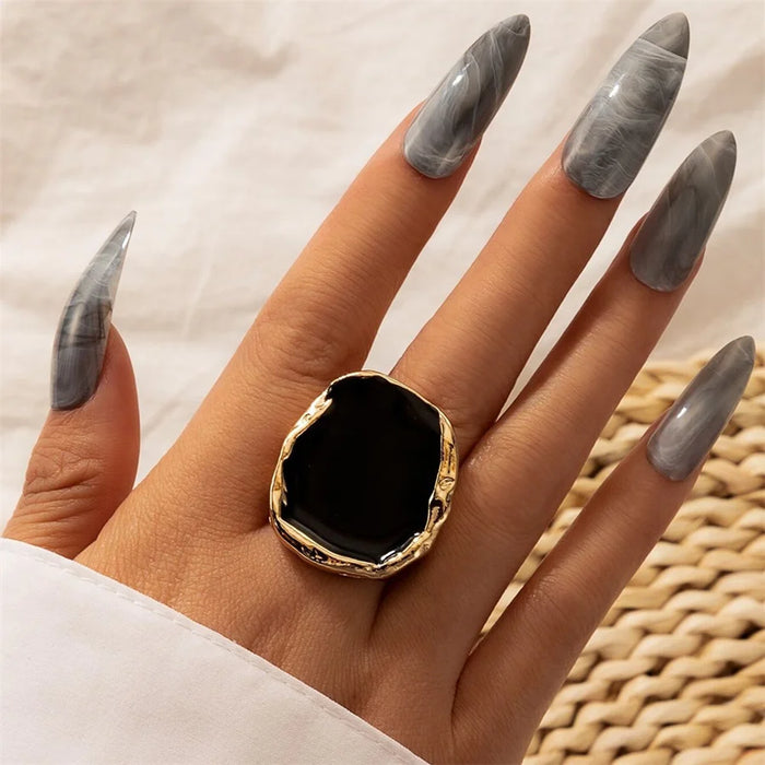 Bohemian Metal Large Black Stone Ring For Women Charm Oil Dripping Large Joint Ring Gothic Stainless Steel Jewelry Gift