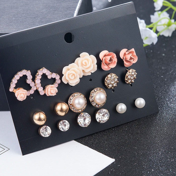 New Fashion Women 9pair/set Flower Pearl Alloy Ear Earring Cute Crystal Wedding Jewelry