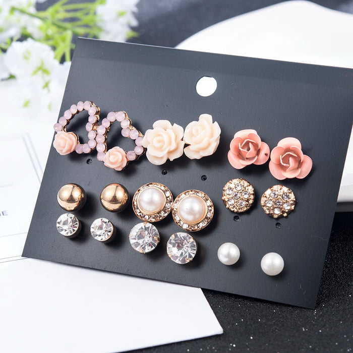 New Fashion Women 9pair/set Flower Pearl Alloy Ear Earring Cute Crystal Wedding Jewelry