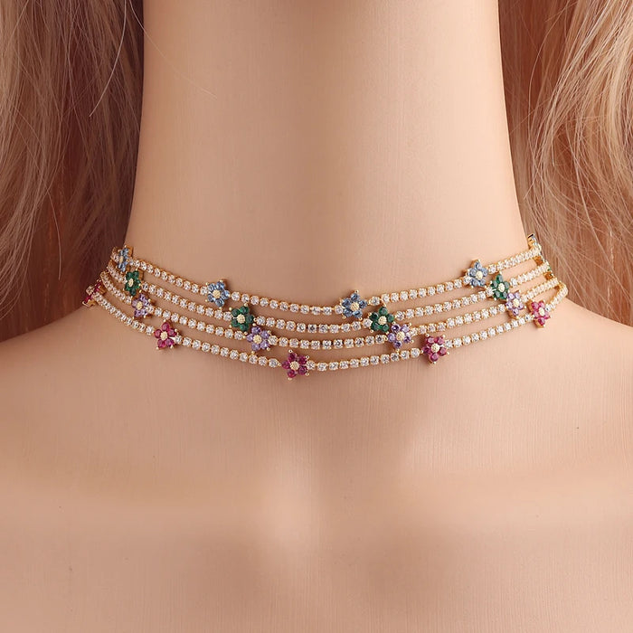 Iced Out Bling Rainbow Colorful Cubic Zirconia CZ Tennis Chain Women Charm Flower Choker Necklace Jewelry collares para mujer