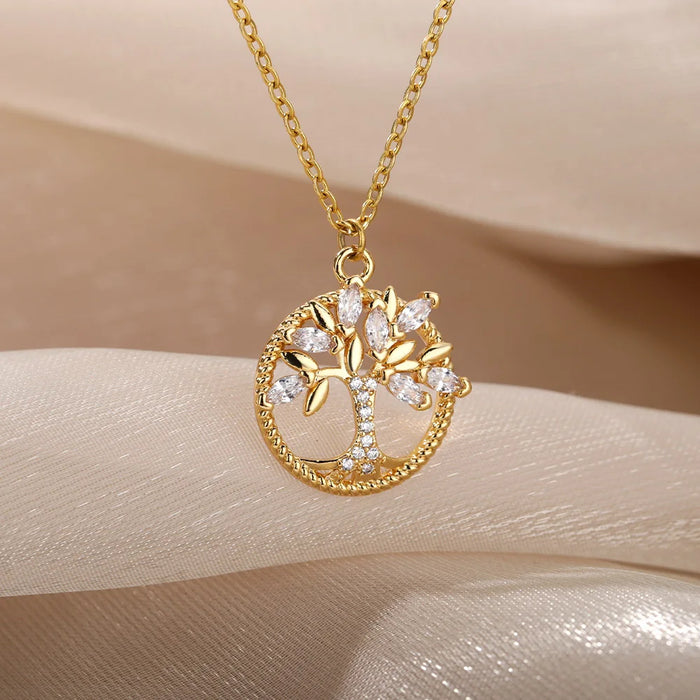 Zircon Tree of Life Round Pendant Necklaces For Women Stainless Steel Chain Choker Rhinestone Collar Jewelry Gift Femme