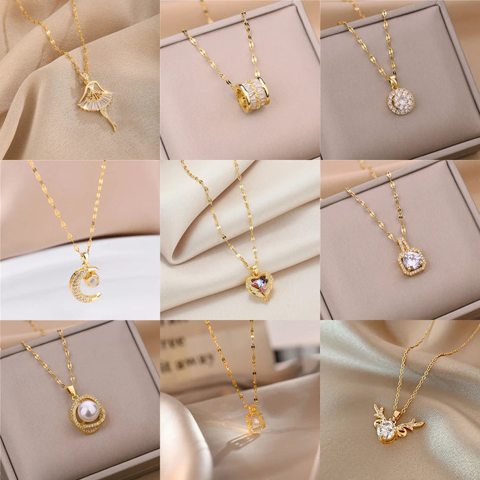 Sweet Zircon Crystal Pendant Necklace For Women Fashion Trend Stainless Steel Clavicle Chain Jewelry Female Wedding Accessories