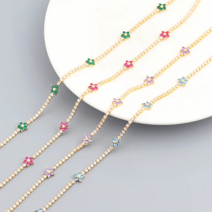 Iced Out Bling Rainbow Colorful Cubic Zirconia CZ Tennis Chain Women Charm Flower Choker Necklace Jewelry collares para mujer