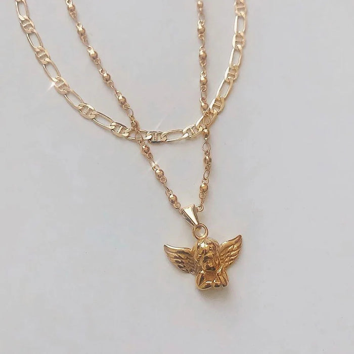 Bohemia Multilayer Cherub Pendant Chain Necklace For Women Trendy Gold-plate Big Thick Chain Necklaces