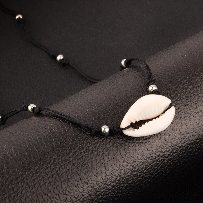 Bohemian Women Jewelry Simple Black Rope Chain Silver Color Beads Shell Clavicle Choker Necklace Beach Accessories