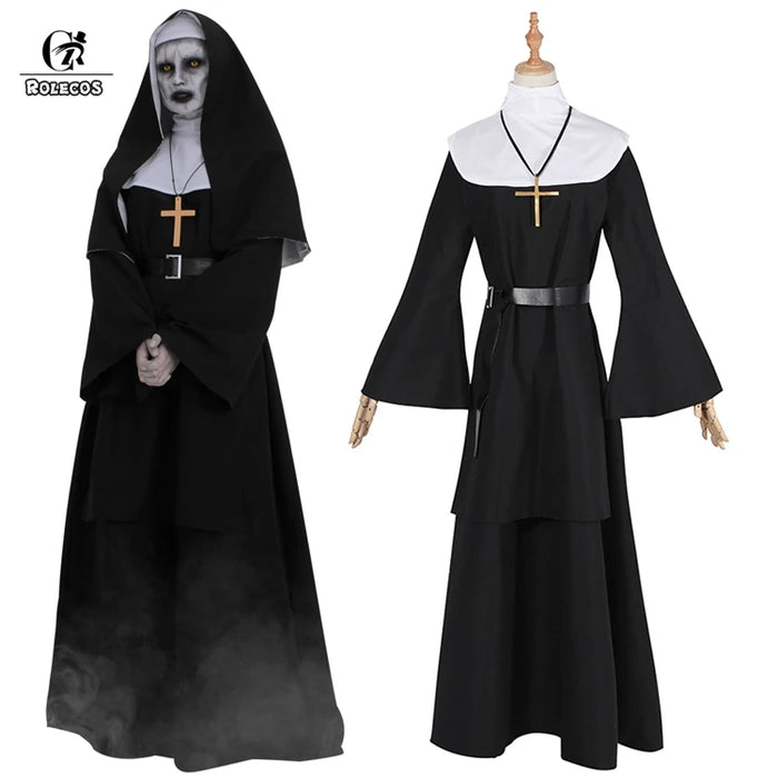 ROLECOS The Nun Cosplay Costume Horror Films Cosplay Cross Ghost Halloween Costume The Conjuring Black Women Halloween Costume