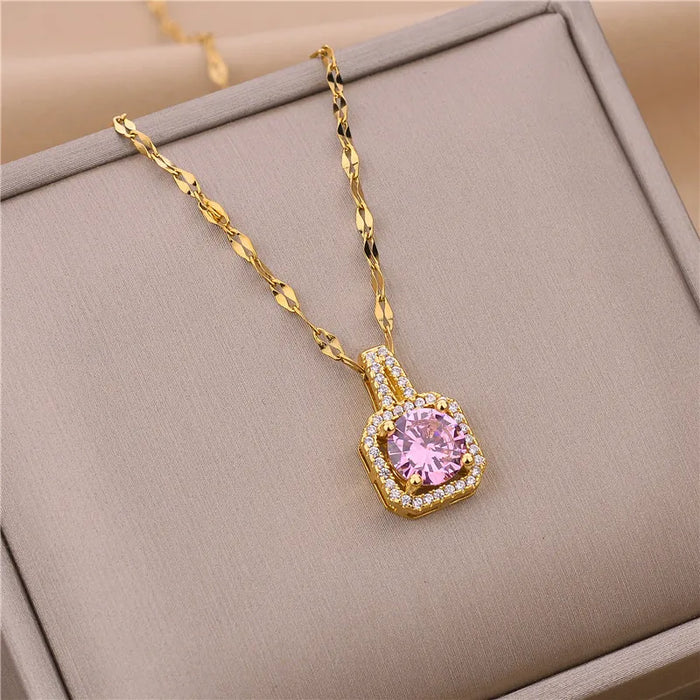 Sweet Zircon Crystal Pendant Necklace For Women Fashion Trend Stainless Steel Clavicle Chain Jewelry Female Wedding Accessories