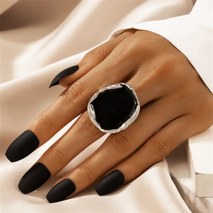 Bohemian Metal Large Black Stone Ring For Women Charm Oil Dripping Large Joint Ring Gothic Stainless Steel Jewelry Gift