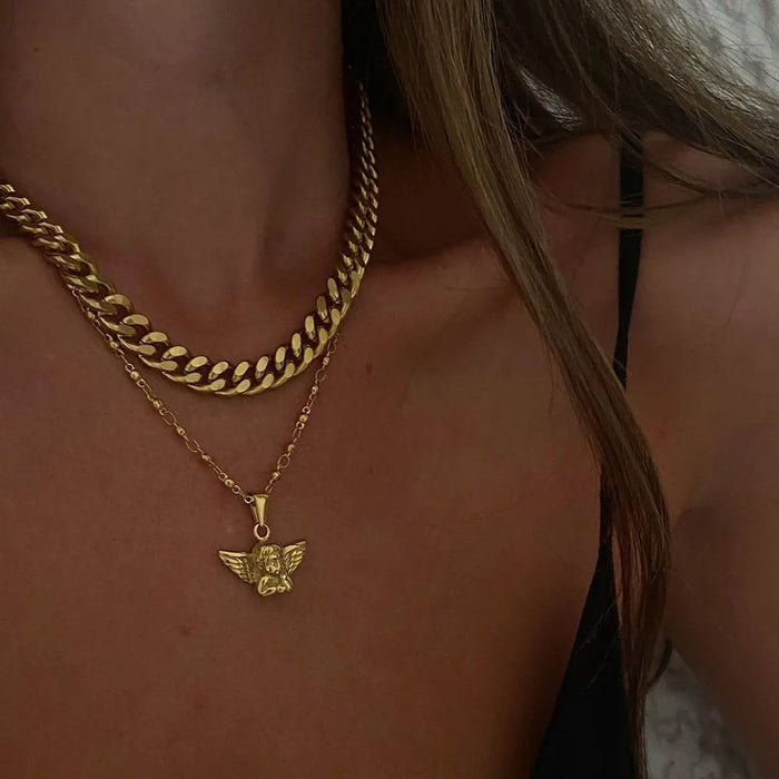 Bohemia Multilayer Cherub Pendant Chain Necklace For Women Trendy Gold-plate Big Thick Chain Necklaces