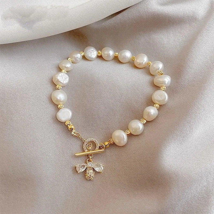 Elegant Baroque Pearl String Bracelet For Woman Luxury Zircon Bee Pendant Bracelet Fashion Girl's Sweet Jewelry