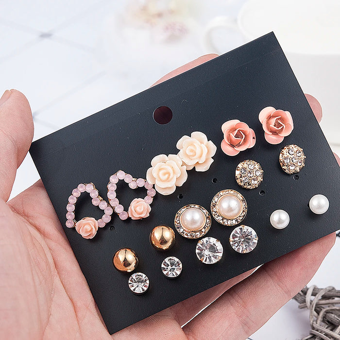 New Fashion Women 9pair/set Flower Pearl Alloy Ear Earring Cute Crystal Wedding Jewelry