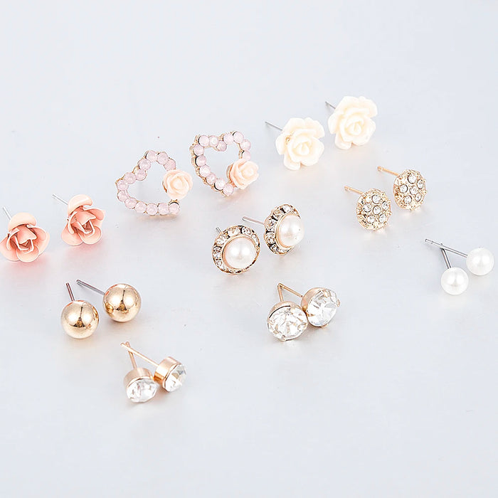 New Fashion Women 9pair/set Flower Pearl Alloy Ear Earring Cute Crystal Wedding Jewelry