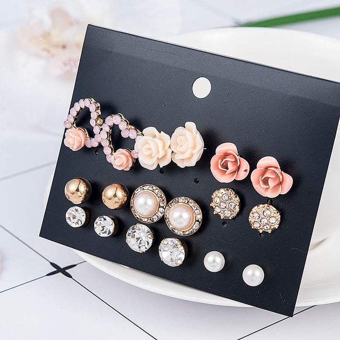 New Fashion Women 9pair/set Flower Pearl Alloy Ear Earring Cute Crystal Wedding Jewelry