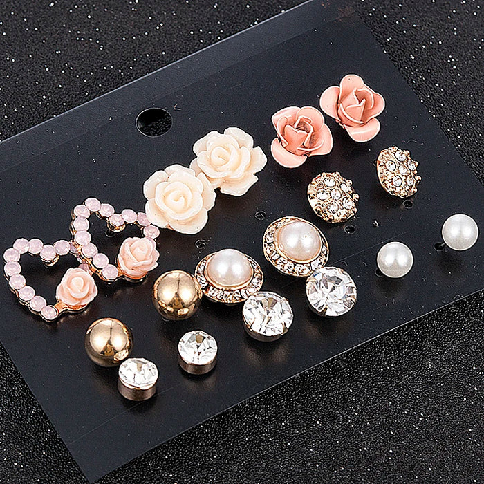 New Fashion Women 9pair/set Flower Pearl Alloy Ear Earring Cute Crystal Wedding Jewelry