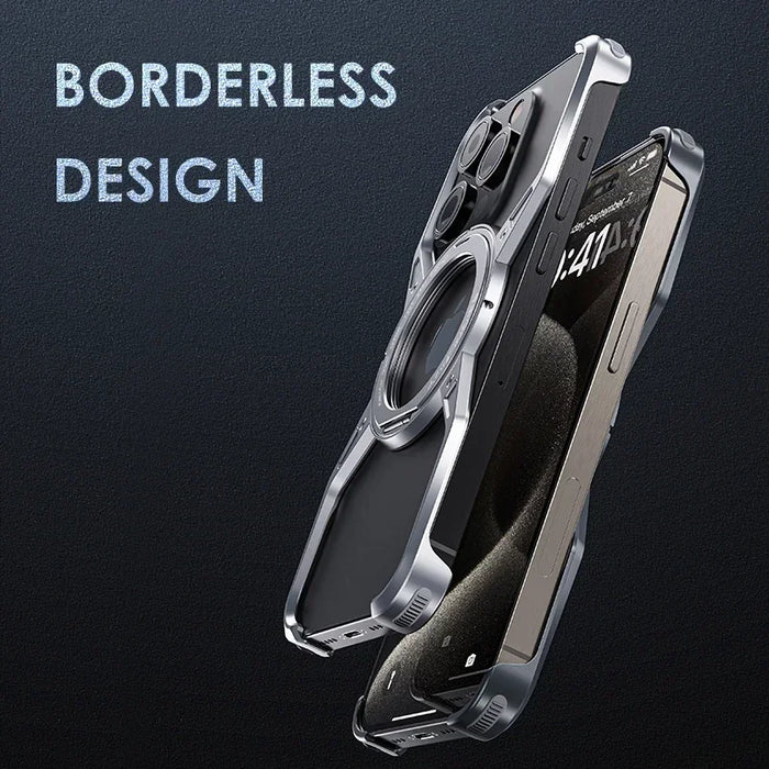 Luxury Metal Aluminum Alloy Case For iPhone 14 13 15 Pro Max Magnetic Rimless Titanium Bumper Shockproof 360° Rotate Car Holder Cover