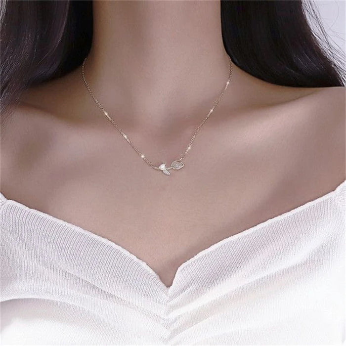 Elegant Crystal Tulip Gemstone Pendant Necklace For Women Korean Style Trendy Light Luxury Choker Chain Jewelry Accessories