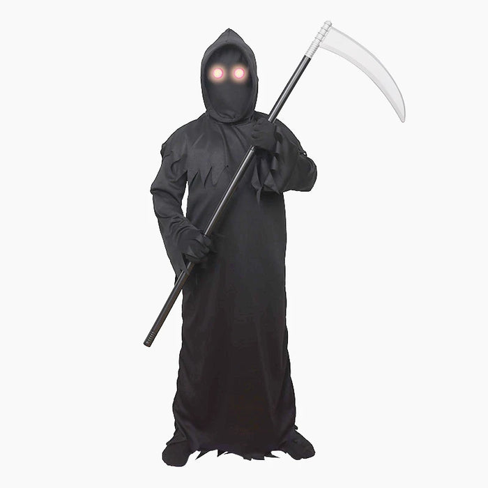 Children Halloween Cosplay Grim Reaper Death Scythe Black Costume with Hood Glowing Red Eyes Halloween Party Dress Up Props