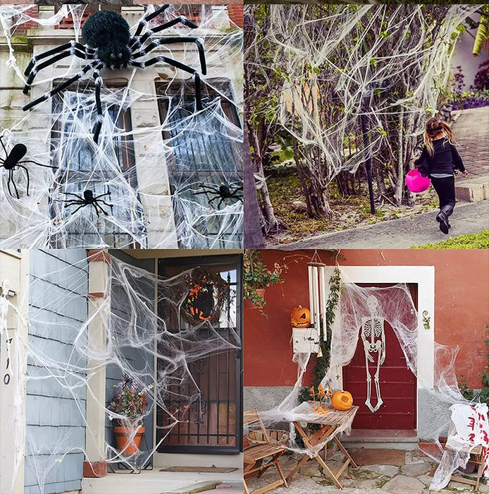 1pc Halloween Elastic Spider Web with Spider Horror Haunted House Yard Scene Arrangement Halloween Faux Decorative Props 2024