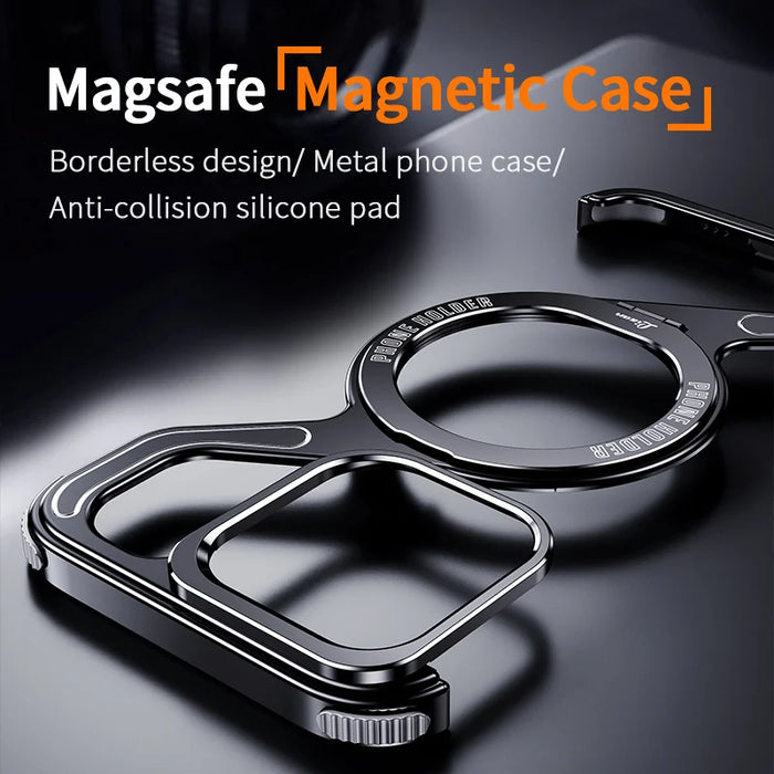 Metal Z Shape Magnetic MagSafe Stand Phone Case For iPhone 16 13 14 15 Pro Max Aluminum Alloy Shell Removable SnapRimless Cover