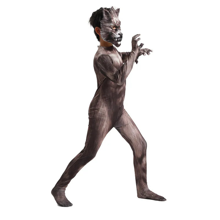 Werewolf Cosplay Costume Jumpsuit 3D Mask Suit Bodysuit Carnival Birthday Party Clothes Animal Wolf Costume for Boys Adult