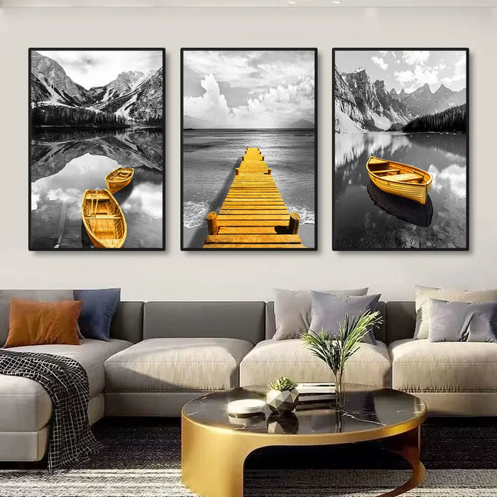 3pcs Yellow Boat On The Lake Landscape Canvas Prints Gold Wooden Bridge Mountain Abstract Wall Art Paintings For Home Decor