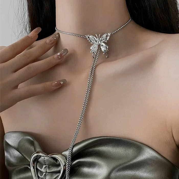 Unique Elegant Drawable Silver Butterfly Tassel Necklace Women's Fashion Collar Chain Girl Love Gift