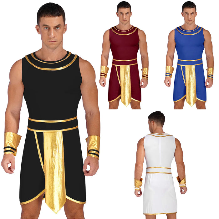 Ancient Mens Egypt Priest Role Play Costume Egyptian Pharaoh Cosplay Dresses Sleeveless Dress with Cuffs Halloween Dress Up