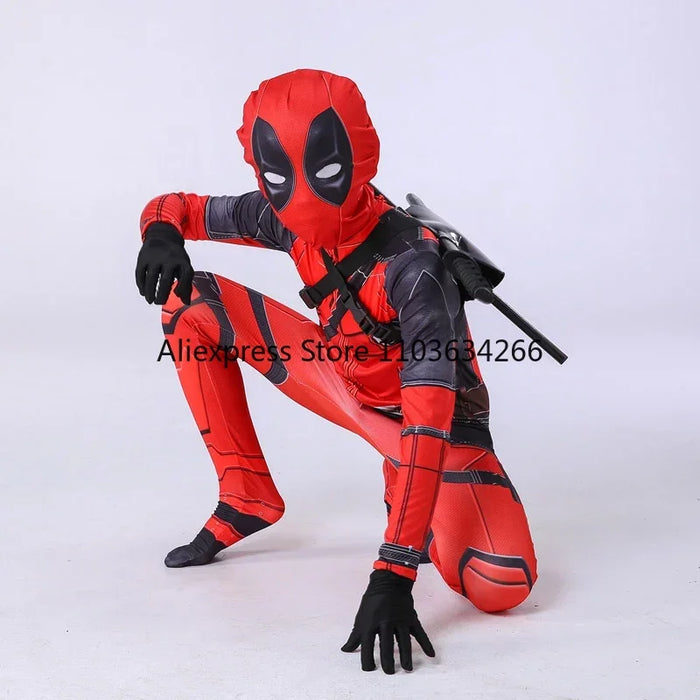 Deadpool Costume Men Women Kids Cosplay Mask Suit Jumpsuit Backpack Knife Accessories Superhero Halloween Costume Child