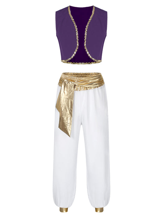 Aladin Costume Men Arabian Prince Cosplay Dress Up Waistcoat Top Harem Pants Suit Halloween Theme Party Carnival Stage Dancewear