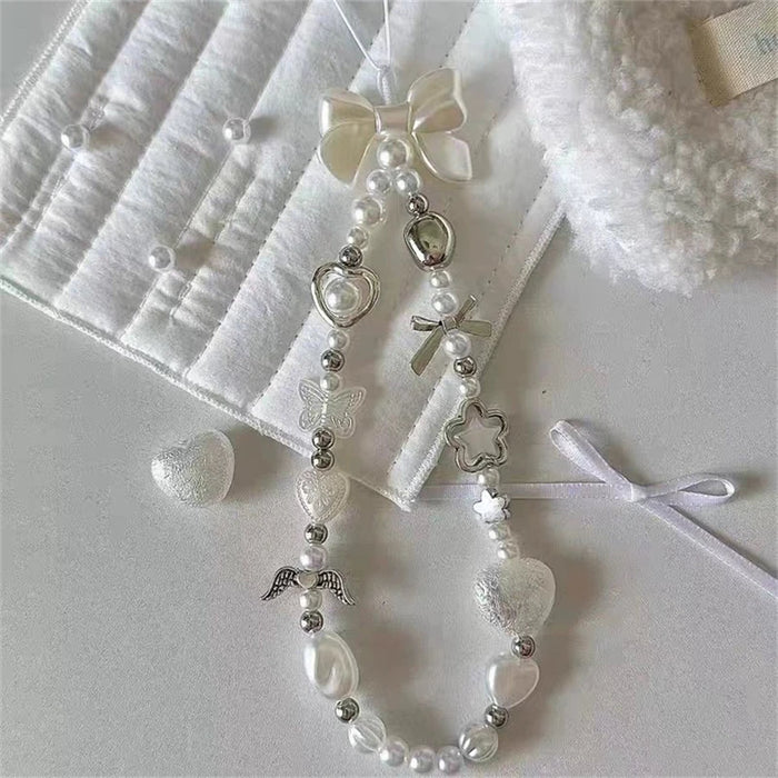 INS Korean Cute White Bow Heart Pearl Beads Beaded Phone Chain For iPhone Camera Hanging Rope Anti-Lost Lanyard Hanging Jewelry