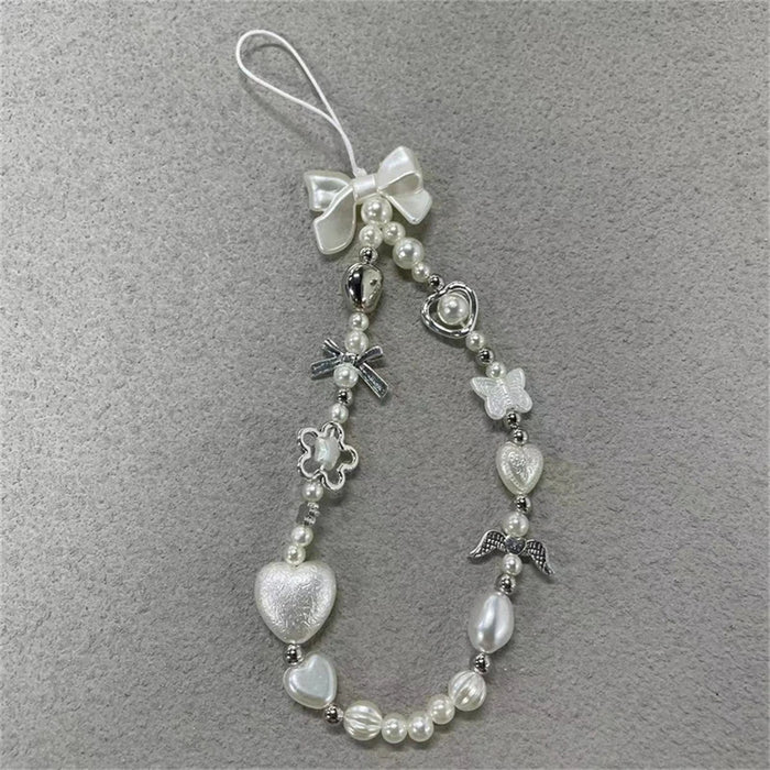 INS Korean Cute White Bow Heart Pearl Beads Beaded Phone Chain For iPhone Camera Hanging Rope Anti-Lost Lanyard Hanging Jewelry