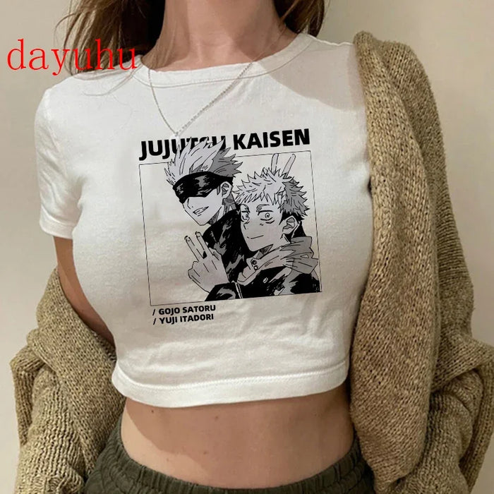 90S Hip Hop Crop Top  Tshirt Manga Japanese Anime Jujutsu Kaisen T Shirt Gojo Satoru Tops Yuji Itadori Cropped Tees T-shirt