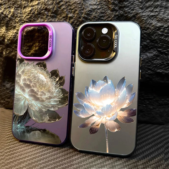 Luxury Lotus Flower Anti-drop Armour Case For iPhone 16 Pro Max 15 14 13 Pro Lens protect plating Cover