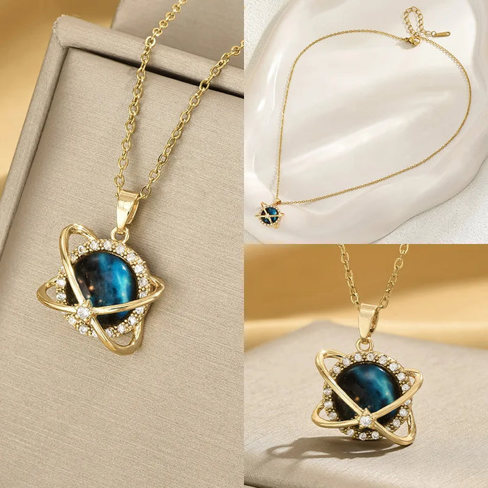 Y2K cross infinite blue starry sky planet pendant necklace gives women a sense of luxury and niche design