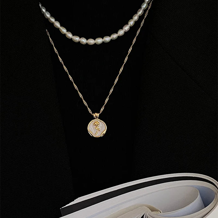 New fashion irregular Round shell metal Rose Pendant stainless steel necklace for women's sexy choker party luxury jewelry