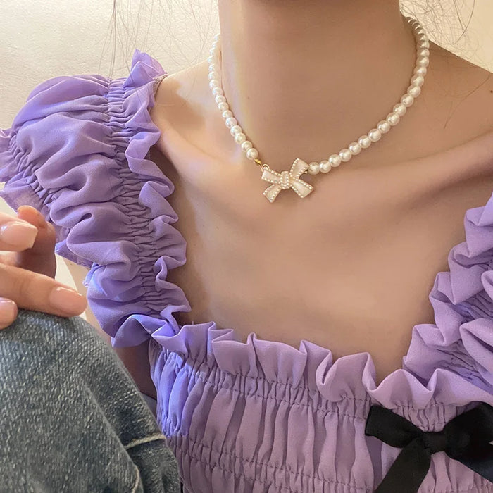 Trend Wedding Party Jewelry Pearl Bow Pendant Choker Necklace For Women Elegant White Imitation Pearl Chain Necklaces