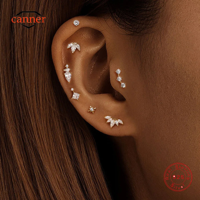 CANNER 1PC 925 Sterling Silver Crown Horse Eye Zircon Heart Flat Head Cartilage Piercing Stud Earring