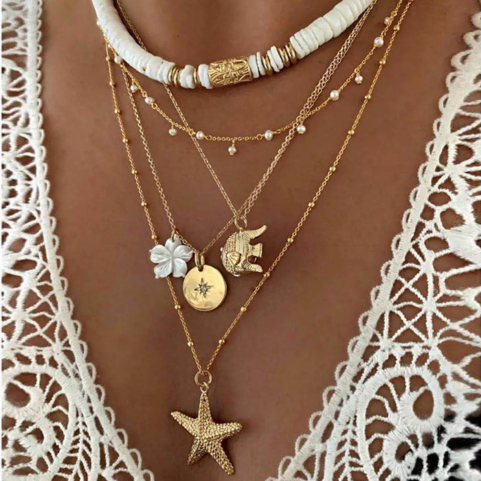 Fashion New Bohemia Soft Clay Shell Star Sun Pendant Chain Layered Necklace for Women Girls Summer Beach Simple Layered Necklace