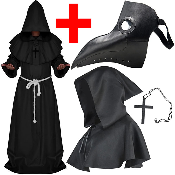 Halloween Cloak Plague Doctor Mask Cosplay Costume Sorcerer Long Shirt Hooded Black Robe Adult and Child Holiday Costume Set