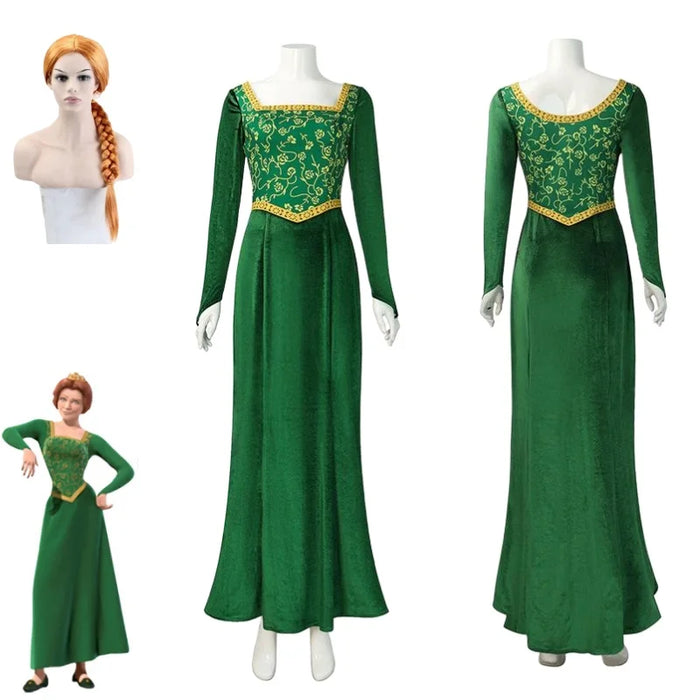 Shrek Cosplay Costume Anime Princess Green Dress Fiona Dress Shrek Cosplay Costume  Women Sexy Velvet Halloween Carnival Clothes