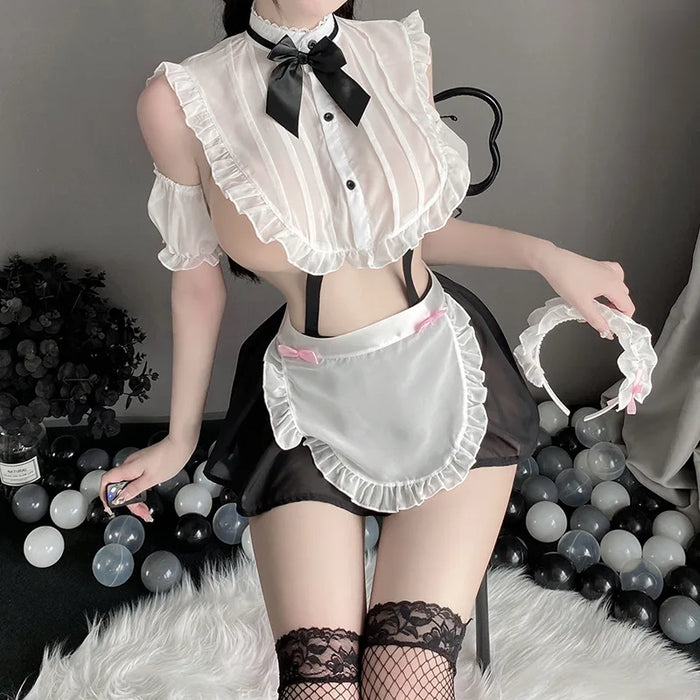 Sexy Cosplay Costumes Maid Outfit Cute Black Perspective Top Short Skirt Uniform Exotic Dress Lolita Couple Games Party Uniform