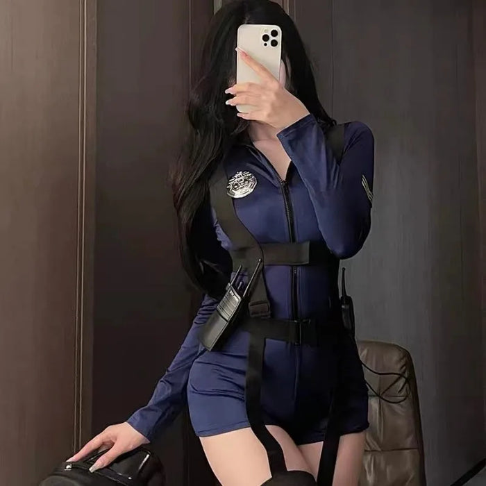 Sexy Policewoman Cosplay Party Costume Hot Anime Dirty Cop Officer RolePlay Outfit Women Teddy Zipper Short Sleeve Jumpsuit Set