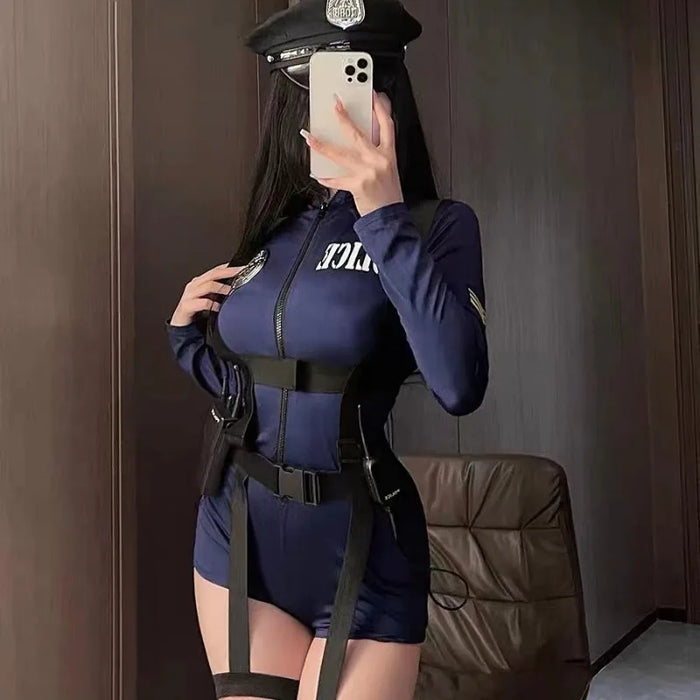 Sexy Policewoman Cosplay Party Costume Hot Anime Dirty Cop Officer RolePlay Outfit Women Teddy Zipper Short Sleeve Jumpsuit Set