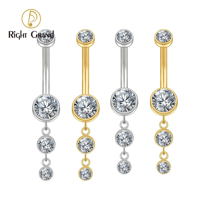 Right Grand ASTM F136 Titanium 14G Dangle CZ Gems Belly Button Ring Cubic Zirconia Drop Pendant Navel Nail Body Piercing Jewelry