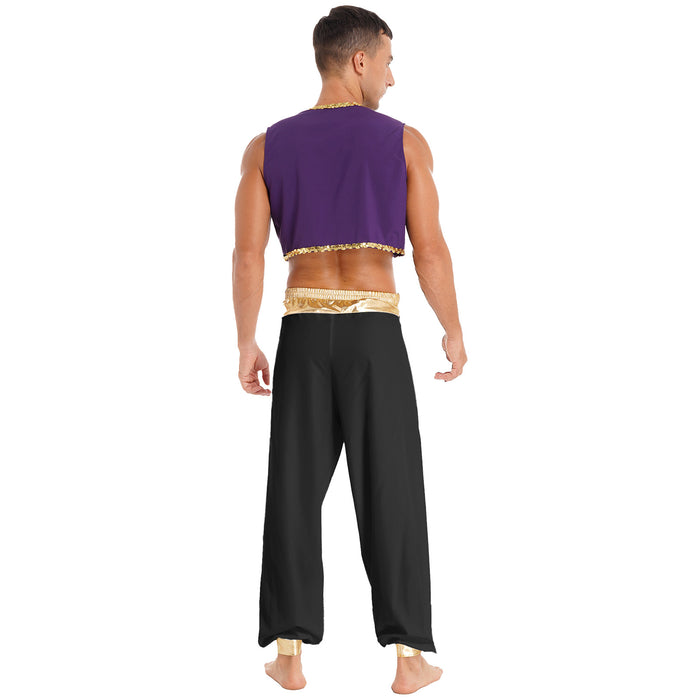 Aladin Costume Men Arabian Prince Cosplay Dress Up Waistcoat Top Harem Pants Suit Halloween Theme Party Carnival Stage Dancewear